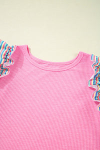 Pink Striped Ruffled Flutter Sleeve Ribbed Knit Blouse