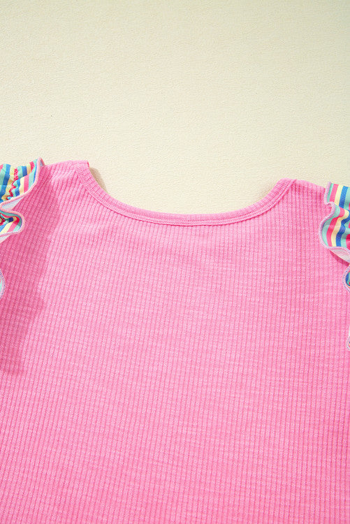 Pink Striped Ruffled Flutter Sleeve Ribbed Knit Blouse
