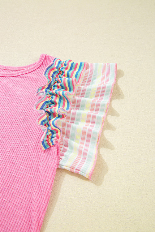 Pink Striped Ruffled Flutter Sleeve Ribbed Knit Blouse