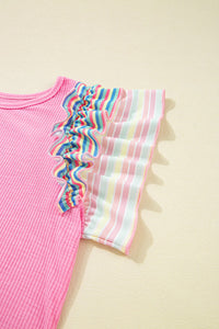 Pink Striped Ruffled Flutter Sleeve Ribbed Knit Blouse