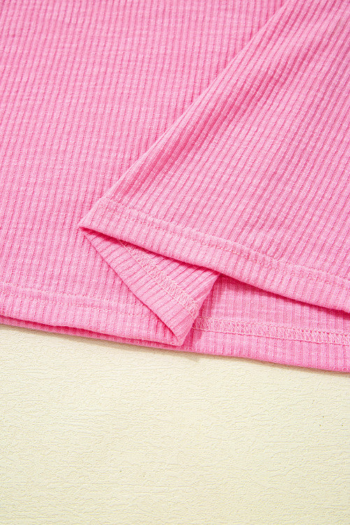Pink Striped Ruffled Flutter Sleeve Ribbed Knit Blouse