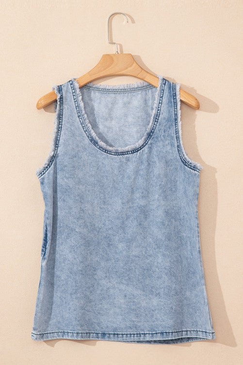 Mineral Wash Denim Frayed  Scoop Neck Tank Top
