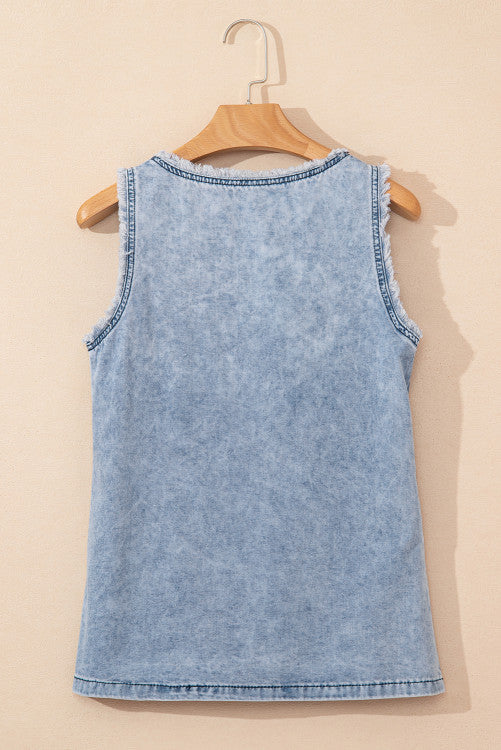 Mineral Wash Denim Frayed  Scoop Neck Tank Top