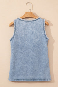 Mineral Wash Denim Frayed  Scoop Neck Tank Top