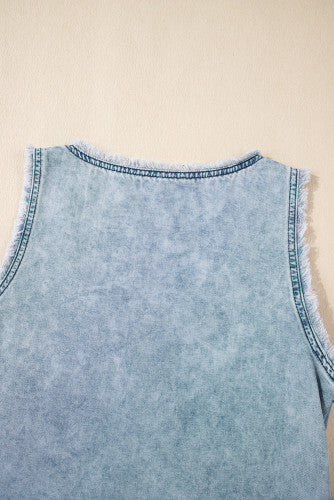 Mineral Wash Denim Frayed  Scoop Neck Tank Top