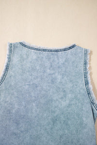 Mineral Wash Denim Frayed  Scoop Neck Tank Top