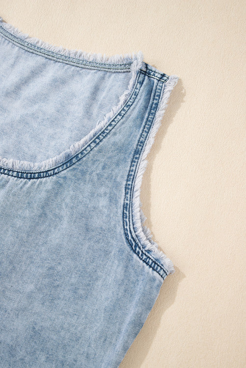 Mineral Wash Denim Frayed  Scoop Neck Tank Top