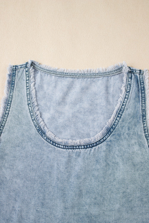 Mineral Wash Denim Frayed  Scoop Neck Tank Top