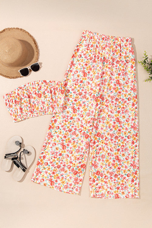 Orange Floral Bandeau Top and High Waist Wide Leg Pants Set