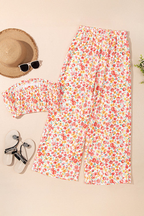 Orange Floral Bandeau Top and High Waist Wide Leg Pants Set