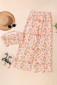Orange Floral Bandeau Top and High Waist Wide Leg Pants Set