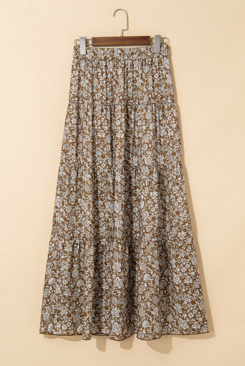 Brown Floral Print Elastic Waist Tiered Maxi Skirt