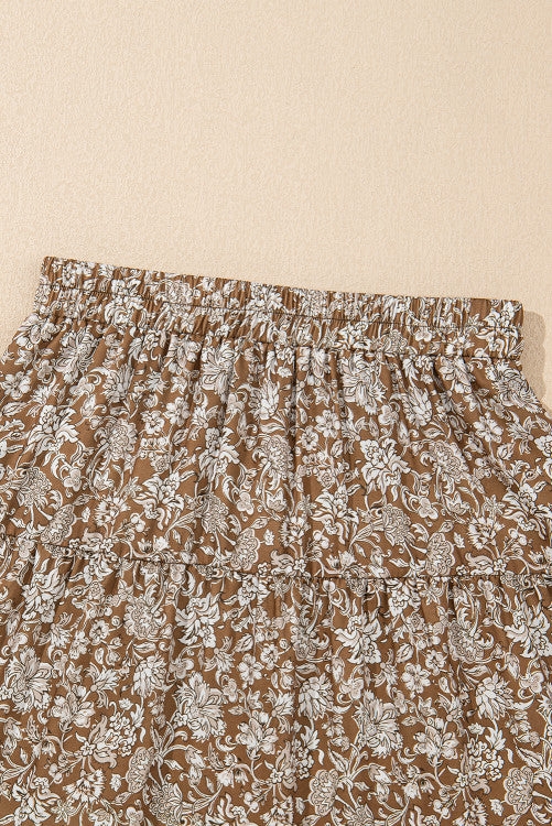 Brown Floral Print Elastic Waist Tiered Maxi Skirt