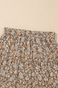 Brown Floral Print Elastic Waist Tiered Maxi Skirt