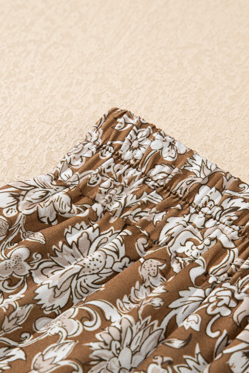 Brown Floral Print Elastic Waist Tiered Maxi Skirt