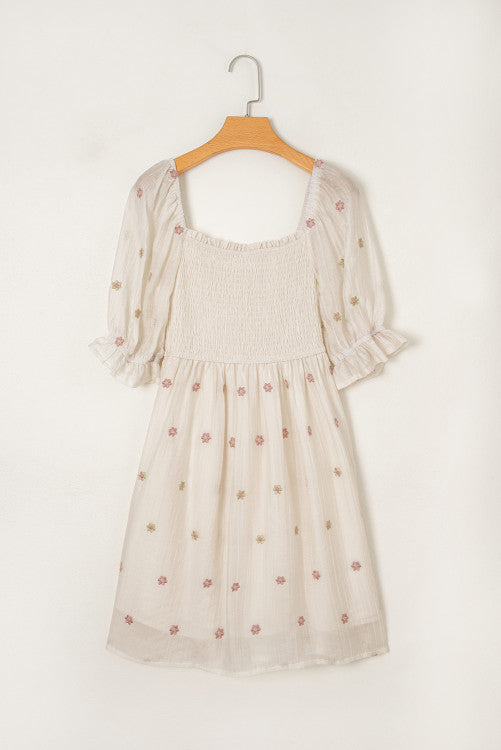 Beige and Pink Embroidered Floral Smocked Half Sleeve Empire Waist Textured Dress