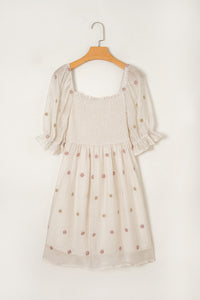 Beige and Pink Embroidered Floral Smocked Half Sleeve Empire Waist Textured Dress