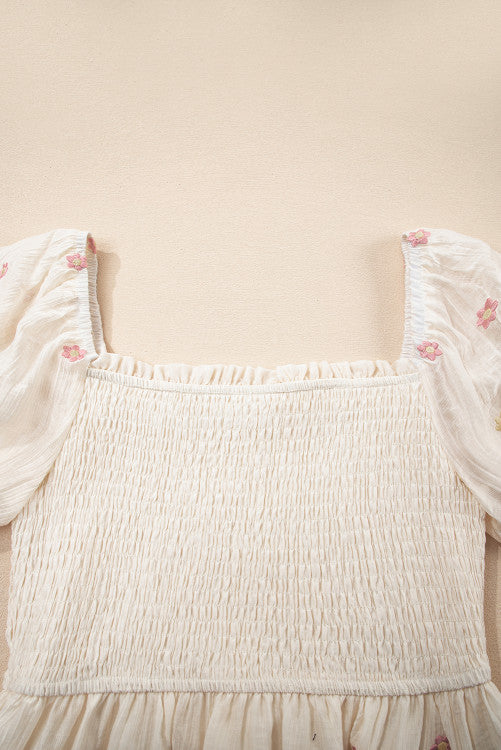 Beige and Pink Embroidered Floral Smocked Half Sleeve Empire Waist Textured Dress