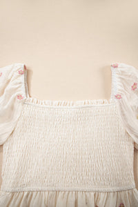 Beige and Pink Embroidered Floral Smocked Half Sleeve Empire Waist Textured Dress