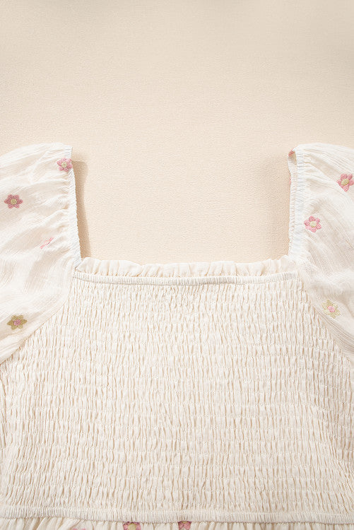 Beige and Pink Embroidered Floral Smocked Half Sleeve Empire Waist Textured Dress