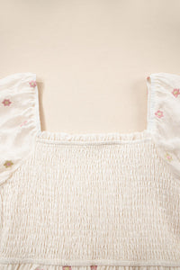Beige and Pink Embroidered Floral Smocked Half Sleeve Empire Waist Textured Dress