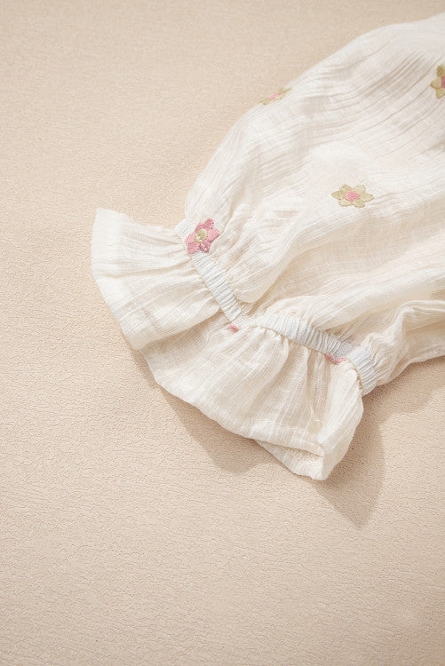 Beige and Pink Embroidered Floral Smocked Half Sleeve Empire Waist Textured Dress