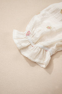 Beige and Pink Embroidered Floral Smocked Half Sleeve Empire Waist Textured Dress