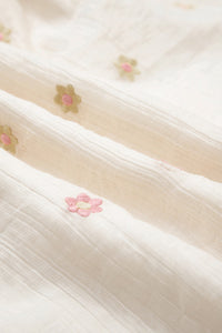 Beige and Pink Embroidered Floral Smocked Half Sleeve Empire Waist Textured Dress