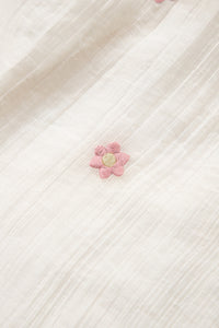 Beige and Pink Embroidered Floral Smocked Half Sleeve Empire Waist Textured Dress