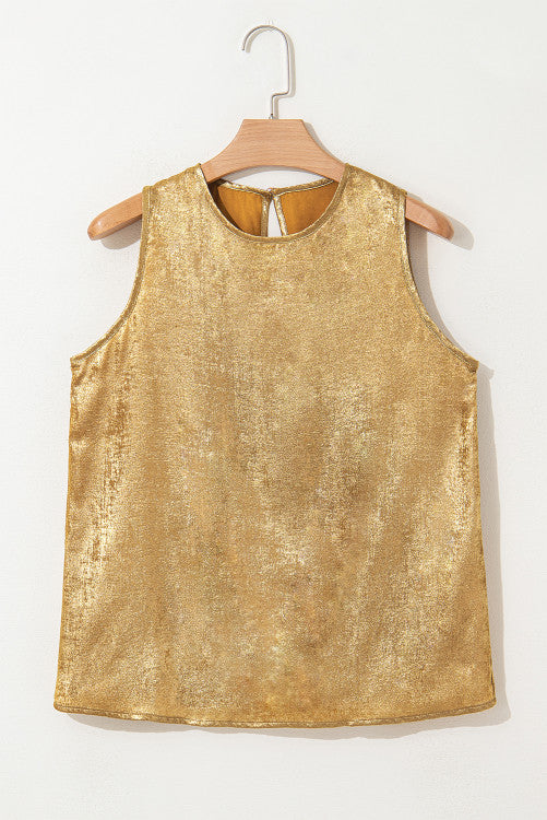 Gold Metallic Textured Round Neck Sleeveless Top