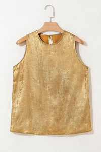Gold Metallic Textured Round Neck Sleeveless Top