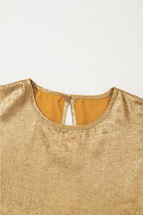 Gold Metallic Textured Round Neck Sleeveless Top