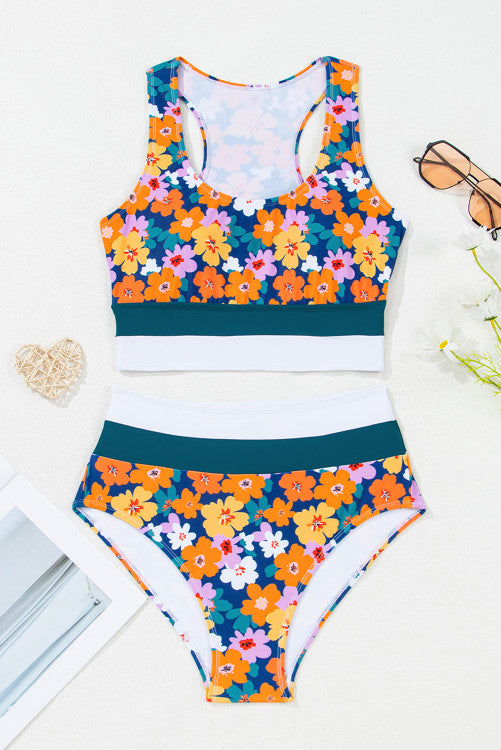 Teal Green Floral Print Racerback High Waist 2-Pc. Bikini