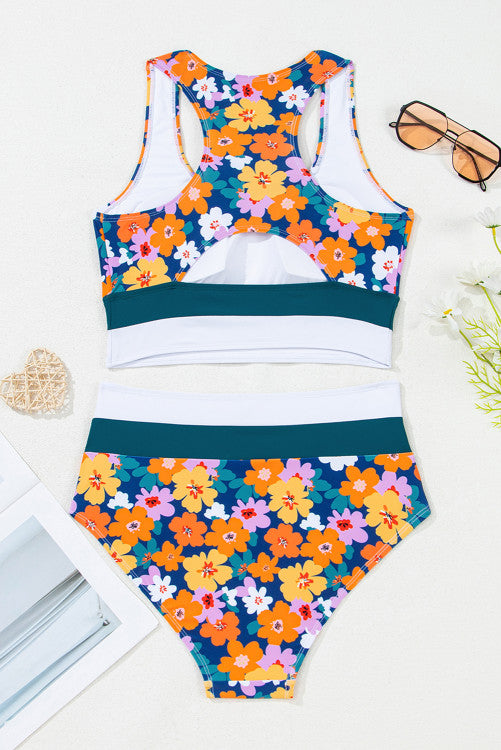 Teal Green Floral Print Racerback High Waist 2-Pc. Bikini