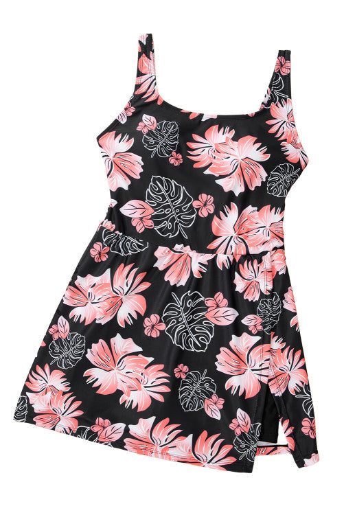 Black and Pink Floral Print Cutout Back Skort Swim Dress