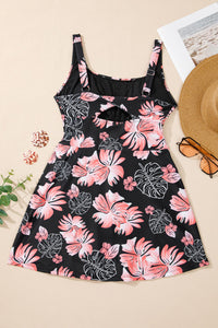 Black and Pink Floral Print Cutout Back Skort Swim Dress