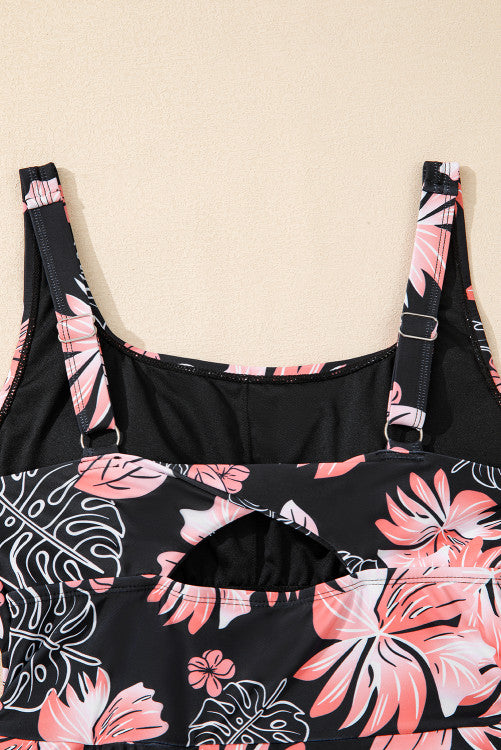 Black and Pink Floral Print Cutout Back Skort Swim Dress