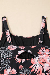 Black and Pink Floral Print Cutout Back Skort Swim Dress