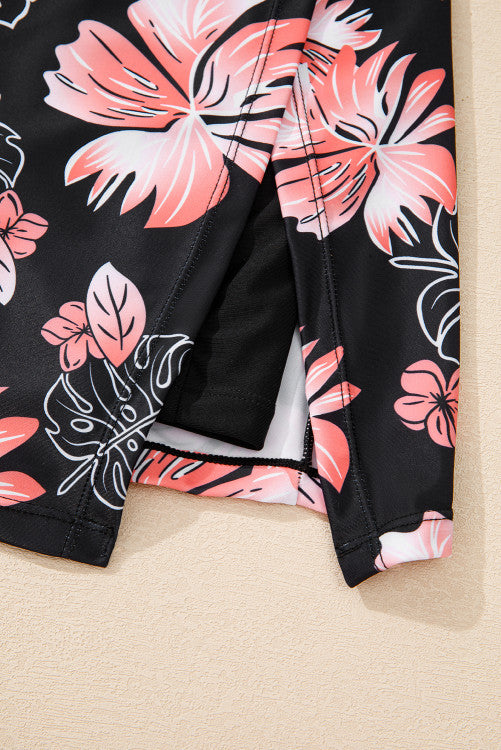 Black and Pink Floral Print Cutout Back Skort Swim Dress