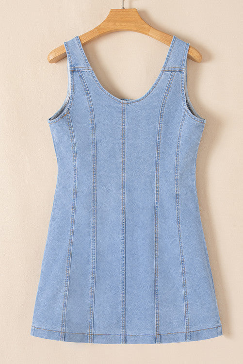 Light Wash Denim Buttoned Front Chest Pockets Sleeveless Slim Mini Dress