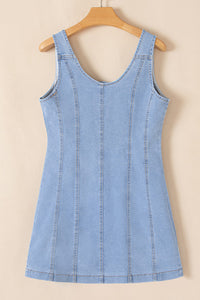 Light Wash Denim Buttoned Front Chest Pockets Sleeveless Slim Mini Dress