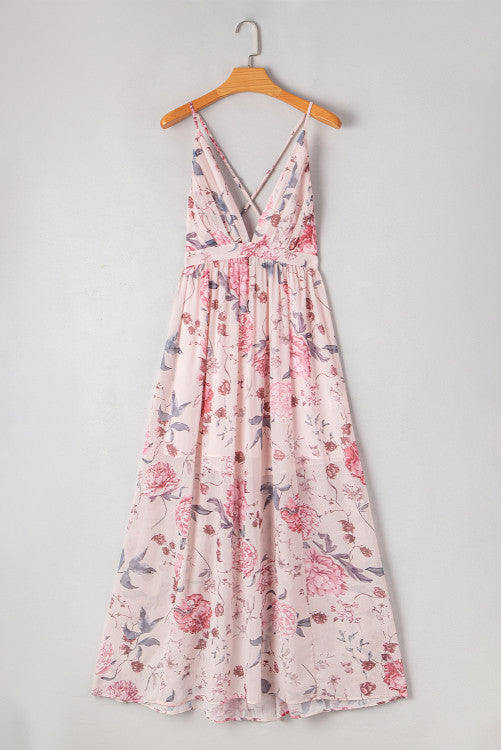 Pink Floral Pleated Plunging V-Neck Empire Waist Backless Maxi Dress
