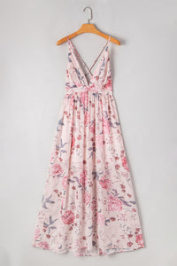 Pink Floral Pleated Plunging V-Neck Empire Waist Backless Maxi Dress