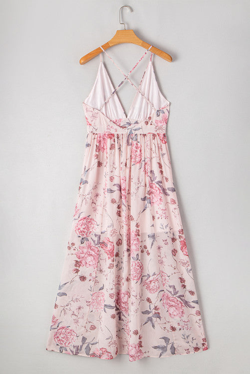 Pink Floral Pleated Plunging V-Neck Empire Waist Backless Maxi Dress