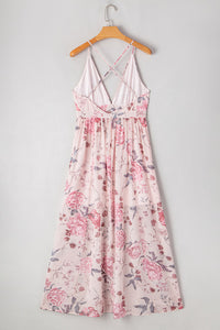 Pink Floral Pleated Plunging V-Neck Empire Waist Backless Maxi Dress