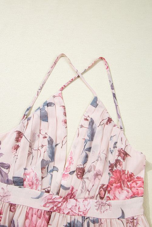 Pink Floral Pleated Plunging V-Neck Empire Waist Backless Maxi Dress