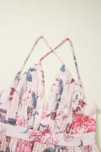 Pink Floral Pleated Plunging V-Neck Empire Waist Backless Maxi Dress
