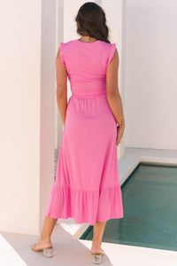 Pink Textured Ruffle Crop Top and Long Skirt Two Piece Set