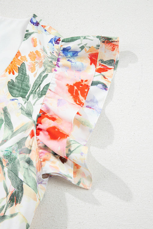 Orange Floral V-Neck High Waist Ruffle Cap Mini Dress