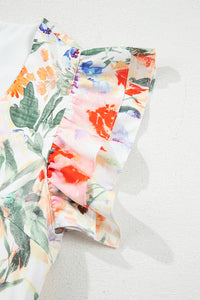 Orange Floral V-Neck High Waist Ruffle Cap Mini Dress